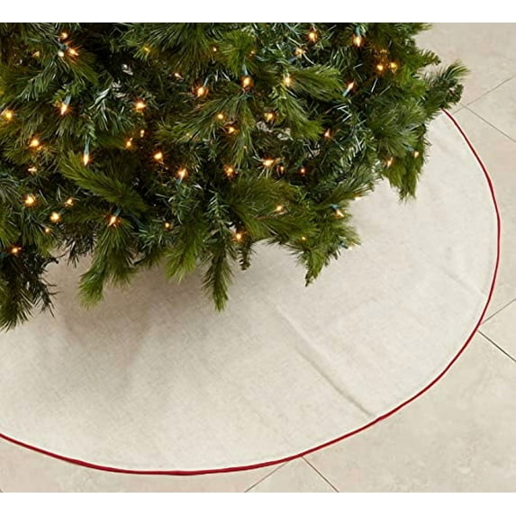 Fennco Styles Red Piping Design Decorative Christmas Tree Skirt 56 Inch Round - Linen Blend Holiday Tree Skirt for Home, Christmas Tree, Indoor Outdoor Decoration and Special Events