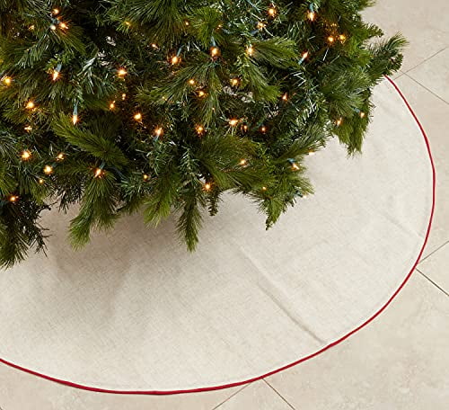 72" Round Linen Christmas Tree Skirt with Red Piping