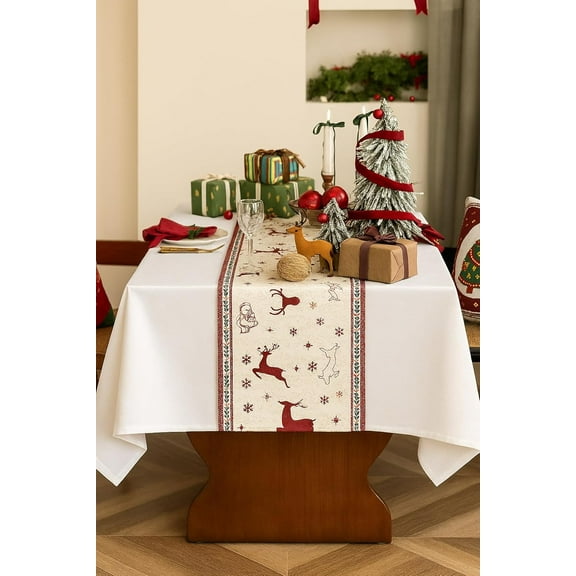 Fennco Styles Red Reindeer & Snowflake Christmas Table Runner 13" x 72" - Festive Table Cover for Winter Holidays, Banquets, Family Gatherings and Special Occasions