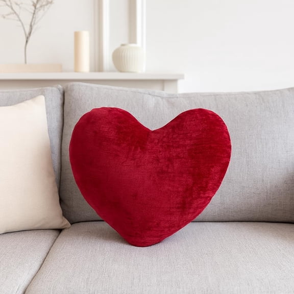Fennco Styles Red Velvet Heart Shaped Poly Filled Throw Pillow 14" X 10" - Solid Color Plush Reversible Accent Cushion for Home, Holidays, Office and Valentine's Day Décor