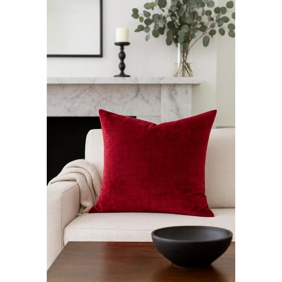 Fennco Styles Red Velvet Square Poly Filled Throw Pillow 18" X 18" - Solid Color Plush Reversible Accent Cushion for Home, Holidays, Office and Valentine's Day Décor