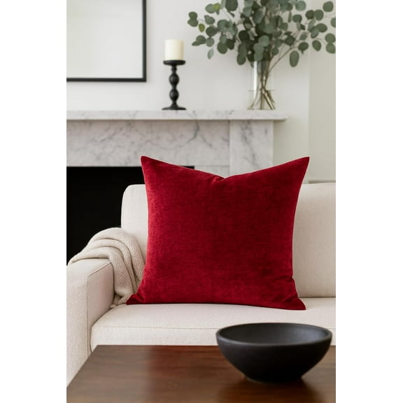 Fennco Styles Red Velvet Square Poly Filled Throw Pillow 18" X 18" - Solid Color Plush Reversible Accent Cushion for Home, Holidays, Office and Valentine's Day Décor