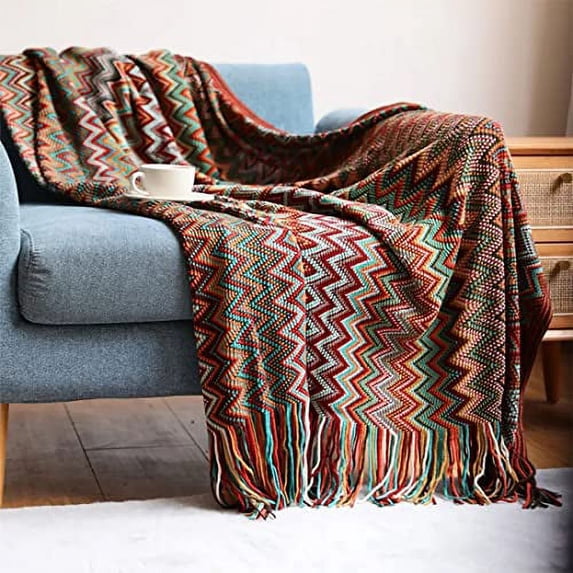 Fennco Styles Red Zigzag Soft Boho Throw Blanket with Tassel 50" W x 60" L - Colorful Crochet Chevron Tapestry Blanket for Indoor Outdoor Use, Couch, Bedroom, Living Room, Office Décor