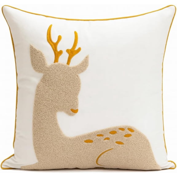 Fennco Styles Reindeer Embroidered White Throw Pillow 18" X 18"  Cozy Decorative Filled Accent Pillow for Winter Holidays, Sofa, Couch, or Bed