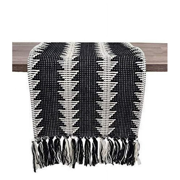 Fennco Styles Reversible Geometric Canvas Cotton Table Runner with Tassels – 14”W x 71”L Black &amp; White Table Cover for Dining Table Décor, Banquets, Holidays and Special Occasio