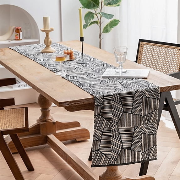 Fennco Styles Reversible Woven Geometric Table Runner 14" W x 87" L - Black Textured Table Cover for Home, Dining Table Décor, Banquets, Holidays