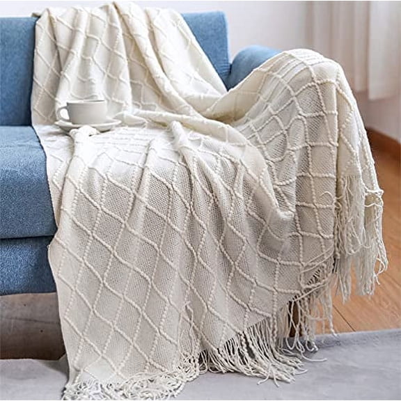 Fennco Styles Rhombus Diamond Knit Modern Fringe Throw 50" W x 60" L - Ivory Geometric Throw Blanket for Sofa, Couch, Living Room, Bedroom Décor