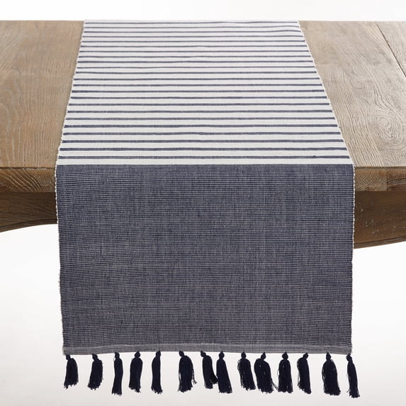 Fennco Styles Ribbed Tassel Cotton Table Runner 16" W x 72" L - Navy Blue Striped Table Cover for Home, Dining Room, Banquets, Family Gatherings , Holidays and Special Occasion