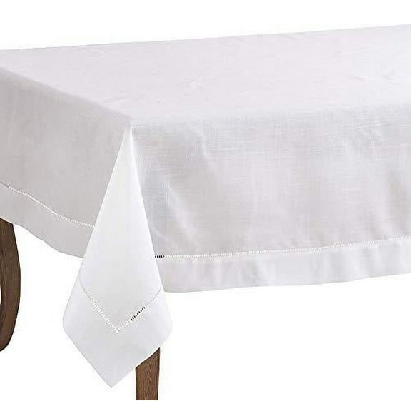 Fennco Styles Rochester Collection Contemporary Hemstitched Polyester 70 x 104 Inch Table Cloth for Dining Table, Banquet, Wedding, Family Dinner, White