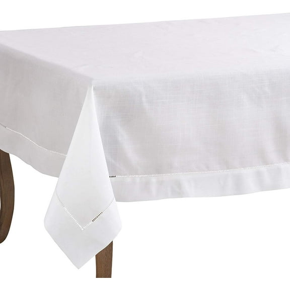 Fennco Styles Rochester Collection Contemporary Hemstitched Polyester 70 x 120 Inch Table Cloth for Dining Table, Banquet, Wedding, Family Dinner, White