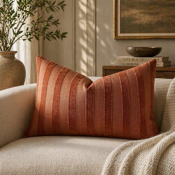 Fennco Styles Rust Textured Striped Lumbar Throw Pillow with Insert 12" X 20" - Modern Accent Pillow for Couch, Home and Neutral Farmhouse Décor, 1-Pack