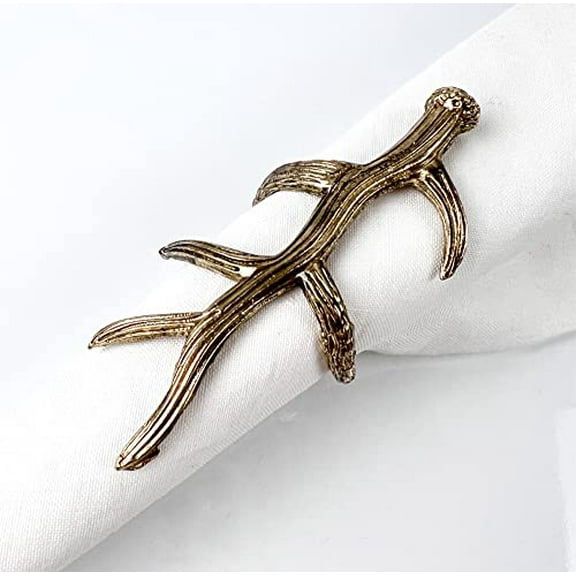 Fennco Styles Rustic Antler Design Metal Napkin Rings, Set of 4 - Bronze Nature Inspired Napkin Holders for Home Décor, Banquets, Holidays, Everyday Use and Special Occasions