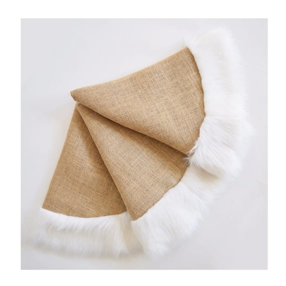 Fennco Styles Rustic Burlap White Faux Fur Trim Tree Skirt, 72" Round