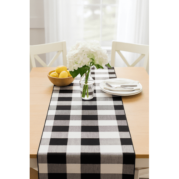 Fennco Styles Rustic Collection Buffalo Check 14 x 103 Inch Cotton Blend Table Runner - Black Check Table Runner for Banquets, Christmas, Holiday, Special Events and Home Décor