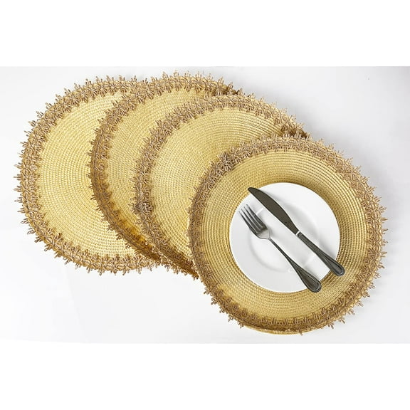 Fennco Styles Rustic Jute Border Handwoven Placemats 15" Round, Set of 4 - Natural Braided Table Mats for Home, Dining Room Décor, Banquets, Holidays, Family Gatherings and Special Occasion