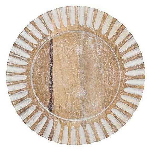 Fennco Styles Rustic Wood Grain Decorative Charger Plates with Ribbed Design 13" Round, Set of 4 Natural Mango Wood Charger Plates for Banquets, Family Dinners, Special Events and
