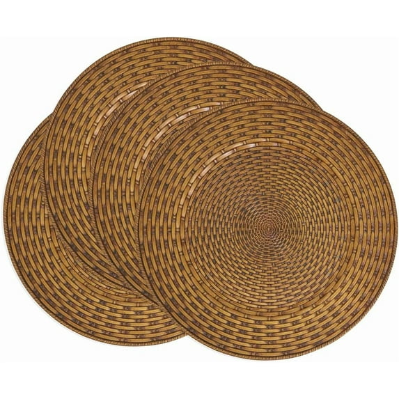 Fennco Styles Rustic Woven Look Faux Rattan Charger Plates 13" Round, Set of 4 – Brown Table Charger for Dining Table, Wedding, Holiday and Event Décor