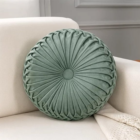 Fennco Styles Sage Green Velvet Pintucked Filled Throw Pillow 15" Round - Luxurious Decorative Accent Cushion for Home, Living Room, Bedroom and Holiday Décor