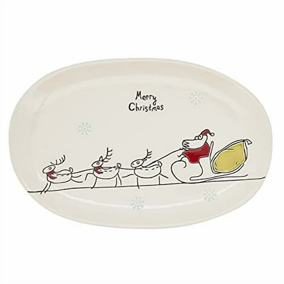 Fennco Styles Santa's Sleigh Stoneware Oval Serving Platter 12" x 7" - White Serving Tray Dishwasher Microwave Safe for Christmas Dcor, Kitchen, Family Gathering and Special Occasion