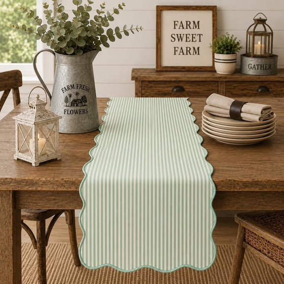 Fennco Styles Scalloped Stripe Table Runner 16 X 72 Inch - Lined Farmhouse Decorative Table Cover for Kitchen, Dining Room, Holiday & Everyday Home Décor (Sage)