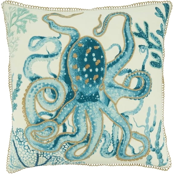 Fennco Styles Sea Animals Octopus Cotton Decorative Throw Pillow Cover 20" W x 20" L – Aqua Nautical Sea Creatures Cushion Case for Couch, Sofa, Bedroom, Office and Living Room Décor