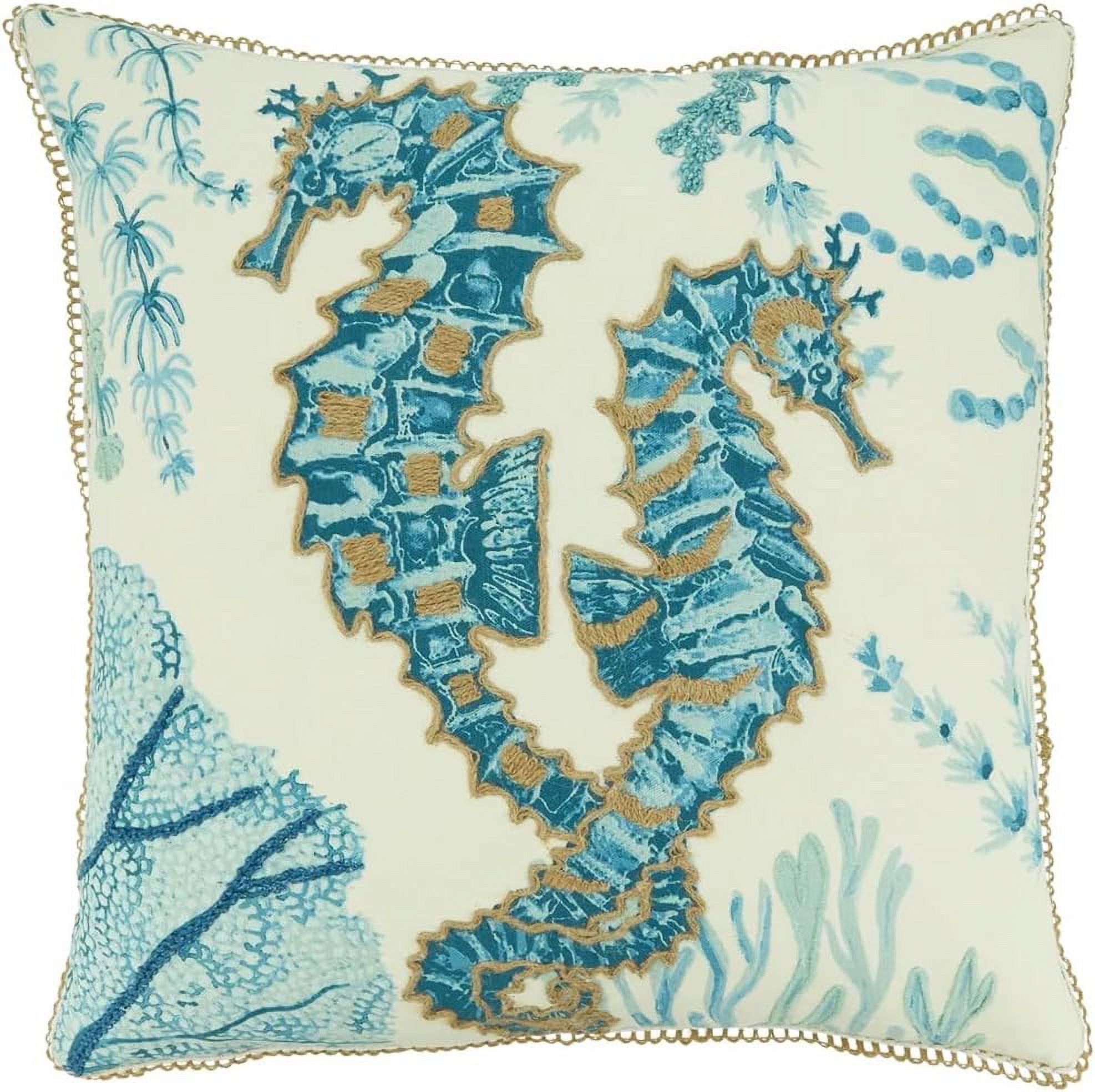 Fennco Styles Sea Animals Seahorse Cotton Decorative Throw Pillow Cover 20" W x 20" L – Aqua Nautical Sea Creatures Cushion Case for Couch, Sofa, Bedroom, Office and Living Room Décor