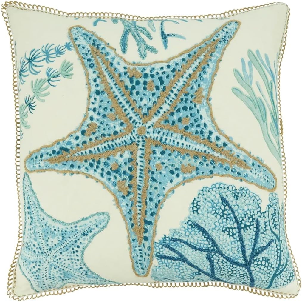 Aqua Blue Starfish Cotton Square Throw Pillow