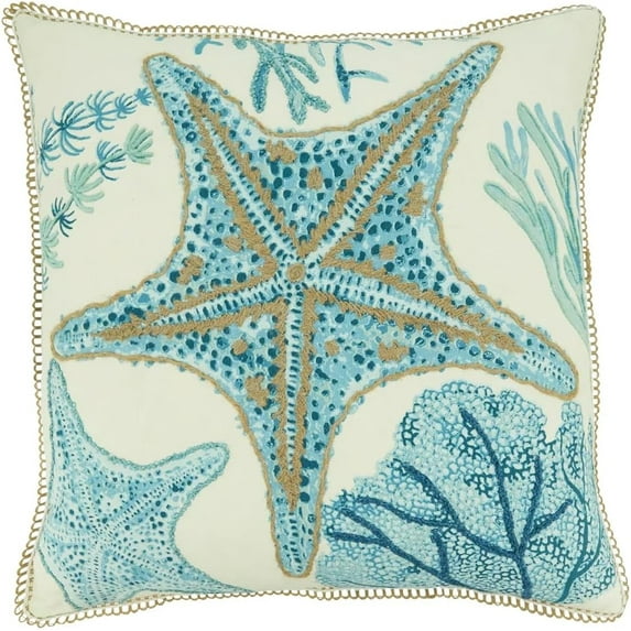 Fennco Styles Sea Animals Starfish Cotton Decorative Throw Pillow Cover 20"W x 20"L – Aqua Nautical Sea Creatures Cushion Case for Couch, Sofa, Bedroom, Office and Living Room Décor