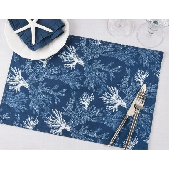 Fennco Styles Sea Coral Print Coastal Placemats 13" W x 19" L, Set of 4 - Navy Blue Sea Life Table Mats for Home, Dining Table Décor, Banquets, Family Gatherings, Everyday Use and Special Occasions