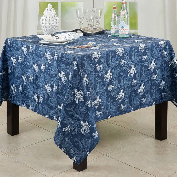 Fennco Styles Sea Coral Print Coastal Tablecloth 65" W x 104" L - Navy Blue Sea Life Rectangle Table Cover for Home, Dining Table Décor, Banquets, Family Gatherings, Everyday Use and Special Occasions