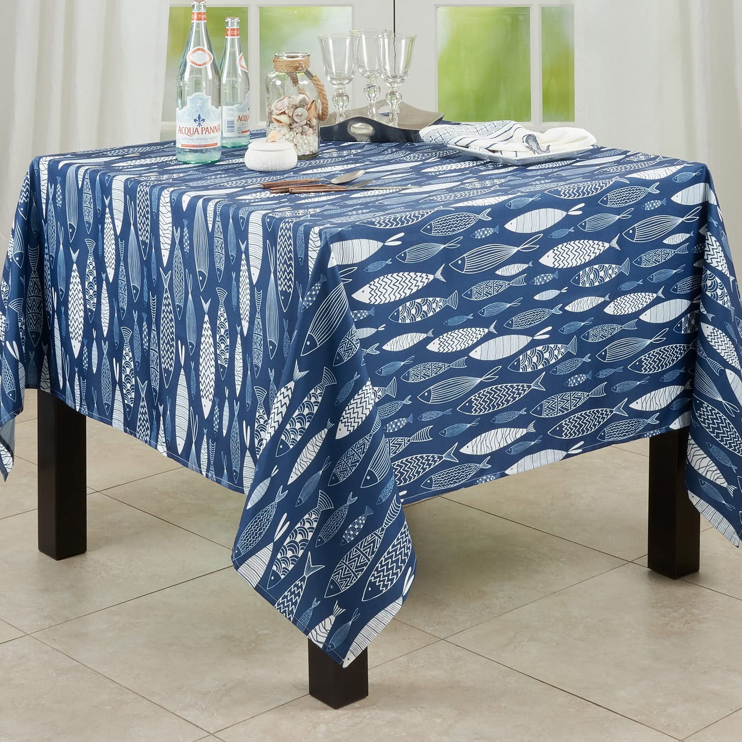 Navy Blue Fish Print Fabric Tablecloth