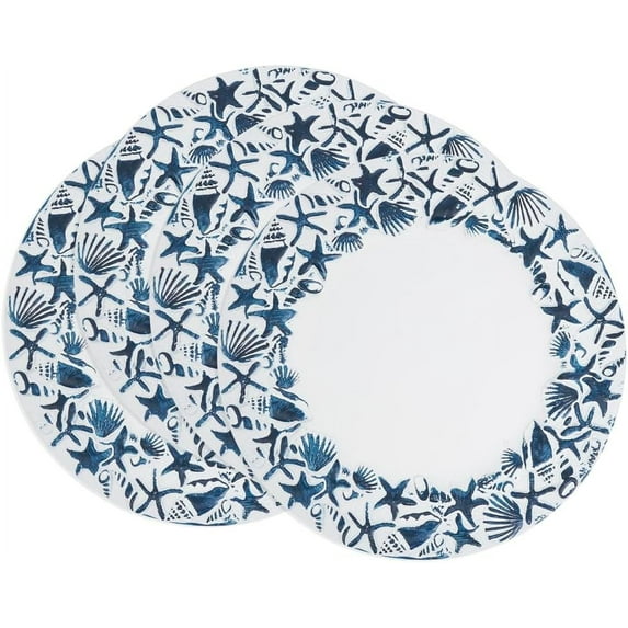 Fennco Styles Seashells Embellished Charger Plates 13" Round, Set of 4 - Navy Blue Charger Plate for Home, Nautical Décor, Coastal Events, and Beach-themed Party
