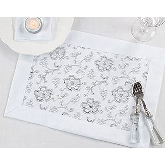 Fennco Styles Sequin Floral Embroidered Placemats 14" W x 20" L, Set of 4 - White Table Mats for Home, Dining Room, Banquets, Wedding, Holiday and Special Events