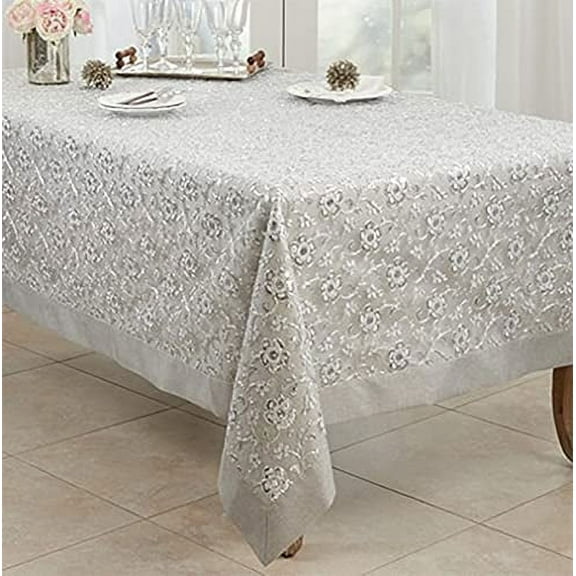 Fennco Styles Sequin Floral Embroidered Tablecloth 50" W x 70" L - Silver Table Cover for Home, Dining Room, Banquets, Wedding, Holiday and Special Events