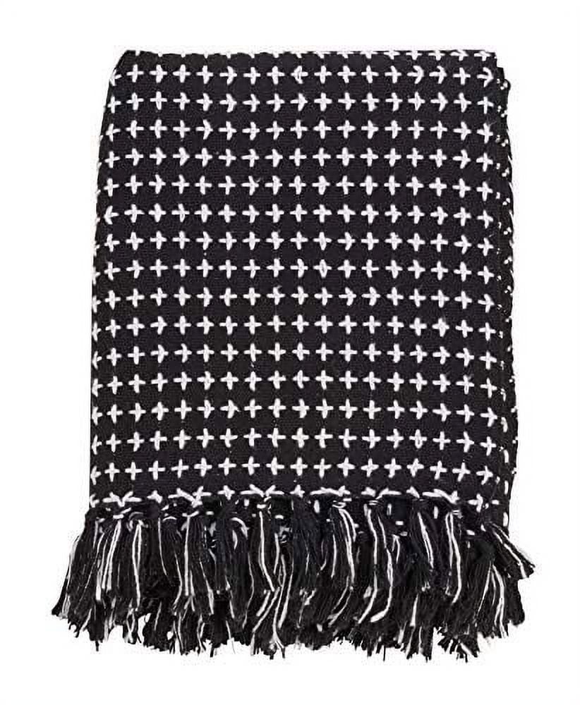Black and White Cotton Cross Stitch Fringed Throw Blanket