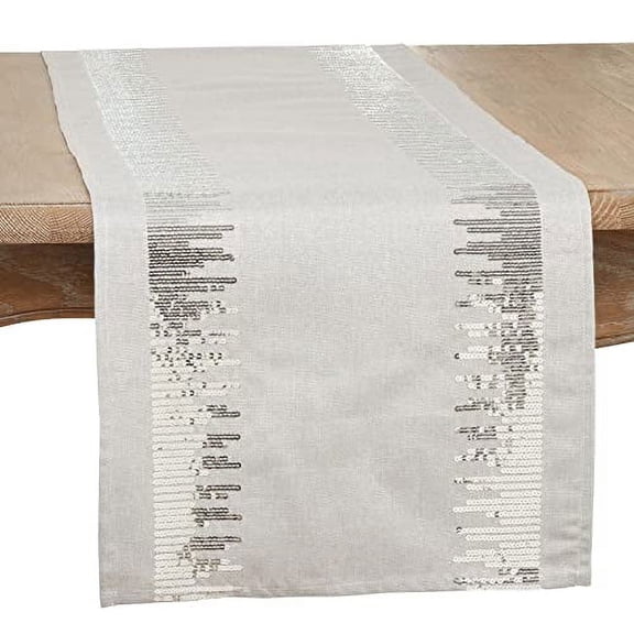 Fennco Styles Shimmering Sequin Border Table Runner 16" W X 72" L - Silver Table Cover for Home, Dining Room, Banquets, Family Gatherings, Everyday Use and Special Occasions