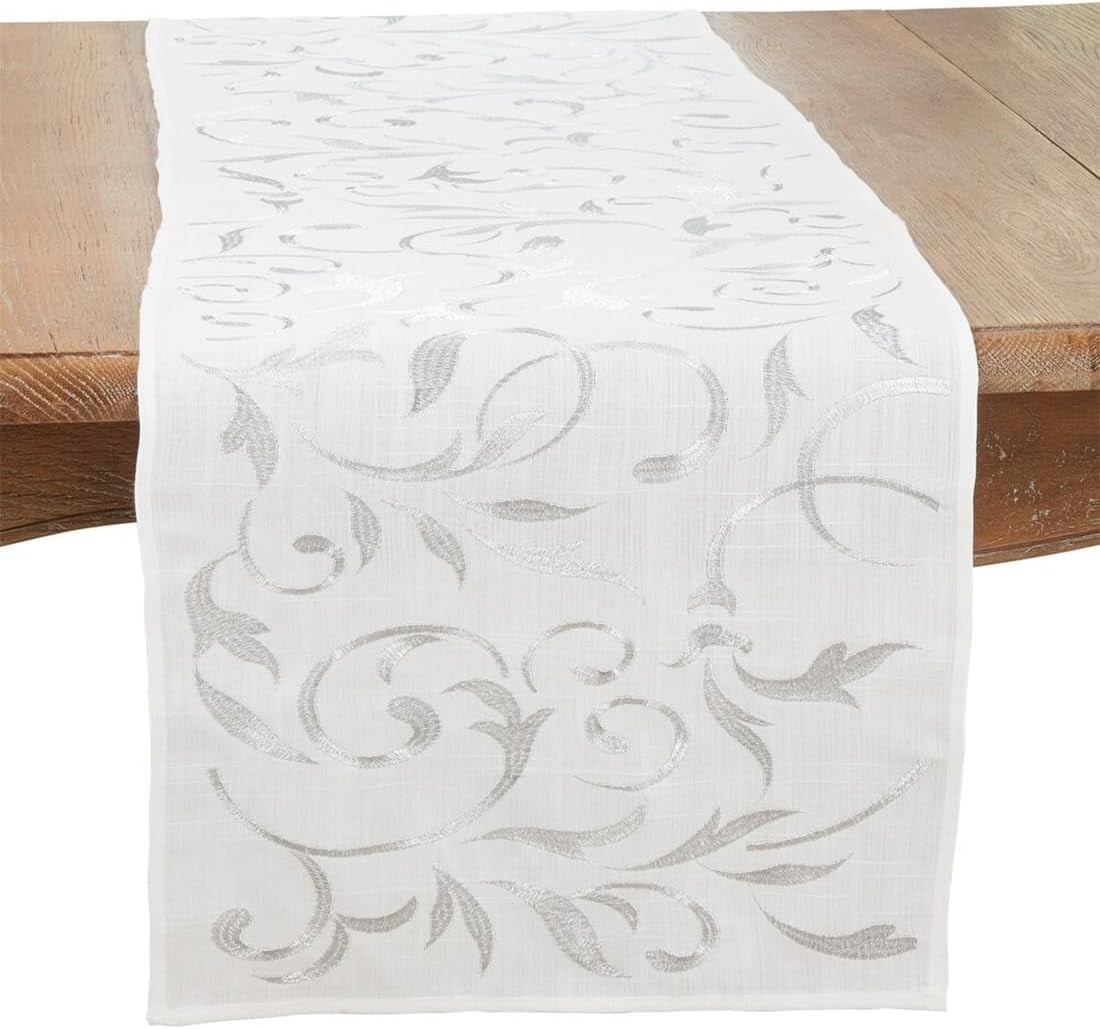 Silver Botanical Embroidered Leaves Polyester Table Runner