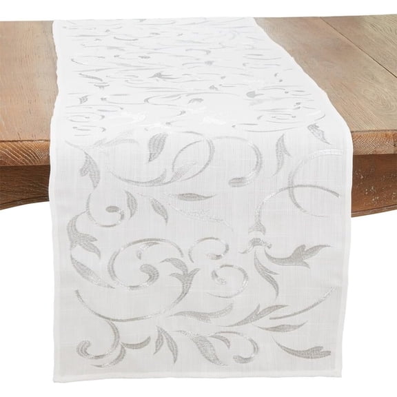 Fennco Styles Silver Embroidered Leaves Table Runner 16" W x 90" L - Metallic Botanical Design Table Cover for Home, Holiday Décor, Family Gatherings, Banquets, Special Events