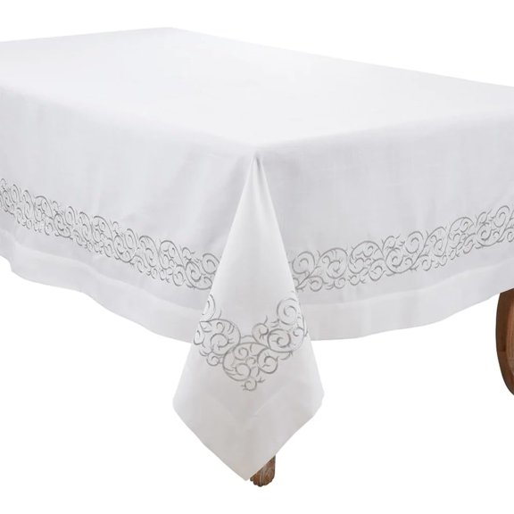 Fennco Styles Silver Embroidered Scroll Tablecloth 72" W X 108" L - Metallic Design Table Cover for Home Décor, Everyday Use, Christmas, Banquets and Special Events