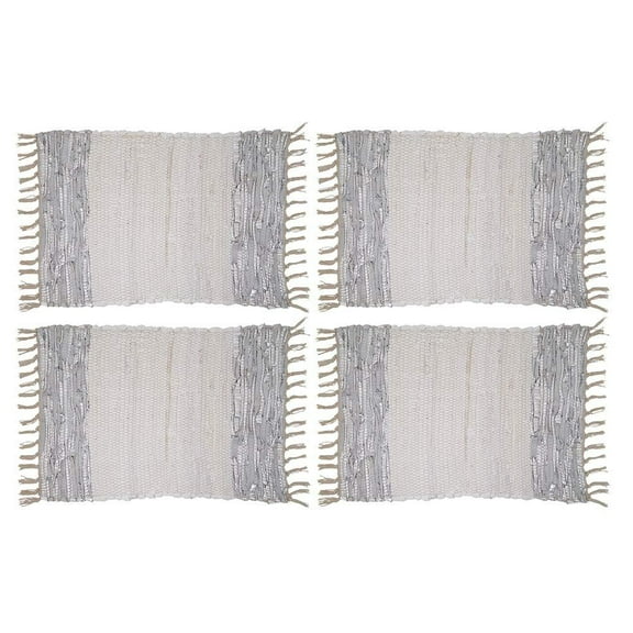 Fennco Styles Silver Striped Leather Chindi Cotton Place Mats with Fringe 14"x20" Set of 4