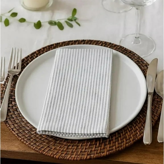 Fennco Styles Simple Ticking Stripes 100% Pure Cotton Table Napkins 20 x 20 Inch, Set of 4 - Grey Dinner Napkins for Everyday Use, Banquets, Family Gathering, Special Events and Home Décor