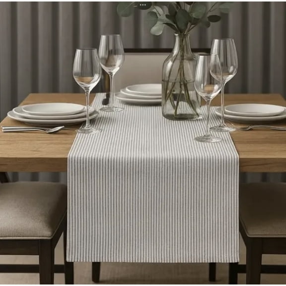 Fennco Styles Simple Ticking Stripes Reversible Pure Cotton 16 x 36 Inch Table Runner - Grey Double Layers Table Cover for Everyday Use, Banquets, Family Gathering, Special Events and Home Décor