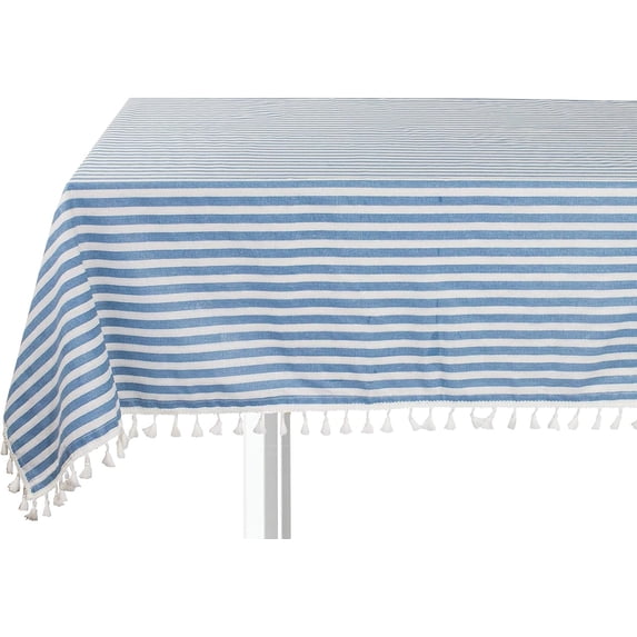 Fennco Styles Simply Striped Tassel Cotton Blend 40 x 56 Inch Tablecloth - Fresh Blue Table Cover for Banquets, Holiday, Special Events, Outdoor and Home Décor