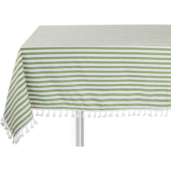 Fennco Styles Simply Striped Tassel Cotton Blend 40 x 56 Inch Tablecloth - Green Table Cover for Banquets, Holiday, Special Events, Outdoor and Home Décor