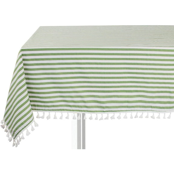 Fennco Styles Simply Striped Tassel Cotton Blend 55 x 55 Inch Tablecloth - Green Table Cover for Banquets, Holiday, Special Events, Outdoor and Home Décor