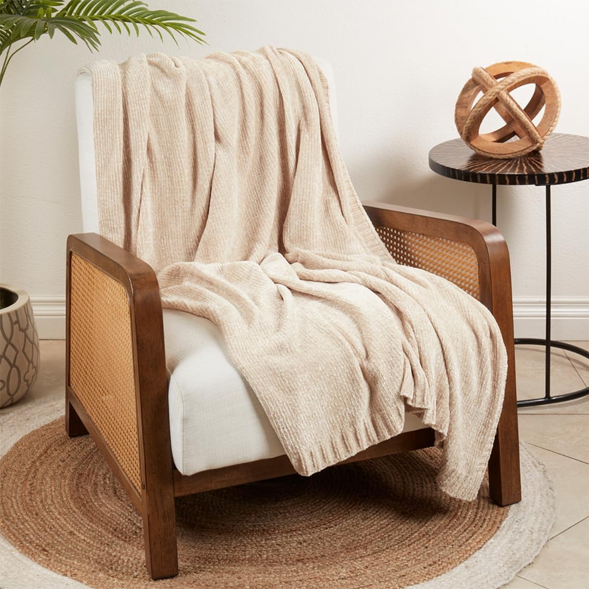 Oatmeal Beige Knitted Chenille Throw Blanket 50" x 60"