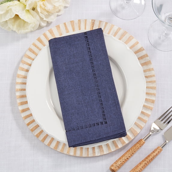 Fennco Styles Solid Color Laser-Cut Hemstitch Cloth Napkins 20" W x 20" L, Set of 4 - Navy Blue Classic Dinner Napkins for Dining Table Décor, Banquets, Holiday, Family Gathering and Special Occasion