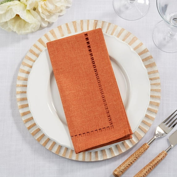 Fennco Styles Solid Color Laser-Cut Hemstitch Cloth Napkins 20" W x 20" L, Set of 4 - Ivory Classic Dinner Napkins for Dining Table Décor, Banquets, Holiday, Family Gathering and Special Occasion