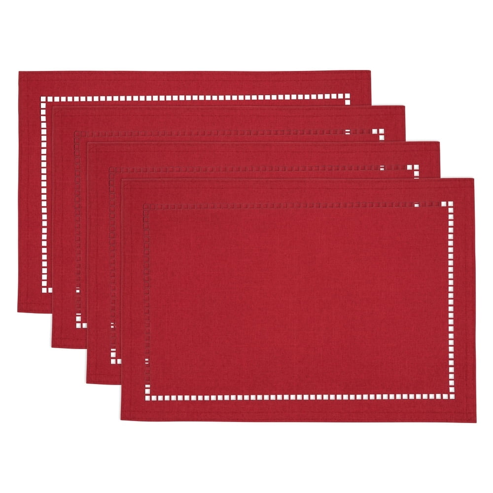 Red Laser-Cut Hemstitch Polyester Table Placemats, 13" x 19", Set of 4