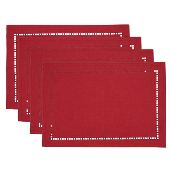 Fennco Styles Solid Color Laser-Cut Hemstitch Design Table Placemats 13"W x 19"L, Set of 4 - Red Classic Table Mats for Dining Table Décor, Banquets, Holiday, Everyday Use and Special Occasion